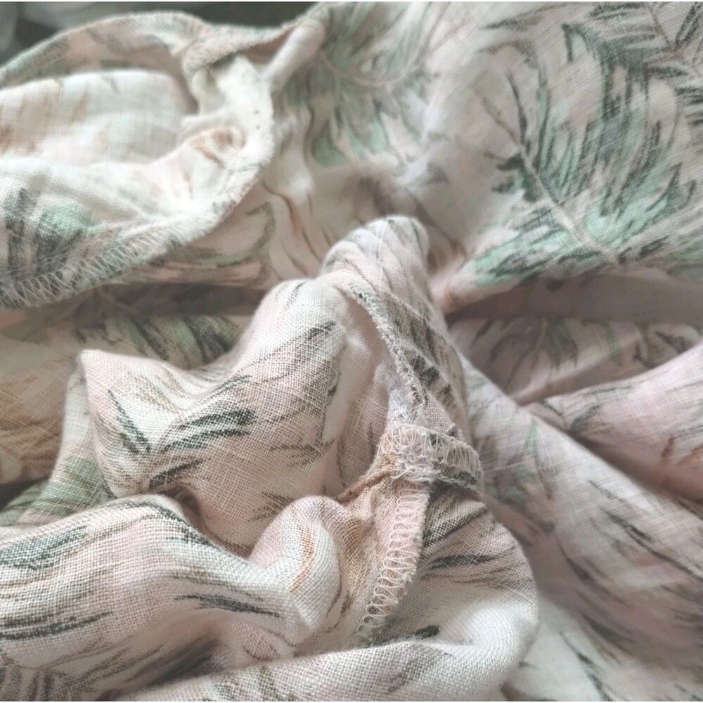 Linen Pink Tan Tropical Top Sz XS Palm Trees V Neck Flounce Sleeves Resort Coast - Picture 7 of 11